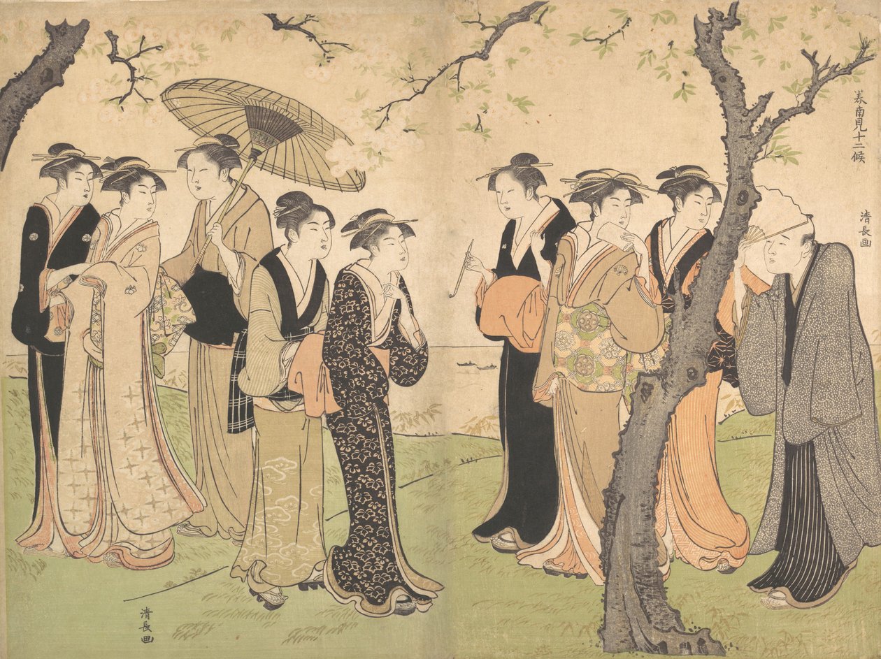 Grupa Sześciu Gejsz Pod Wiśniami na Gotenyamie, ok. godz. 1785. autorstwa Torii Kiyonaga
