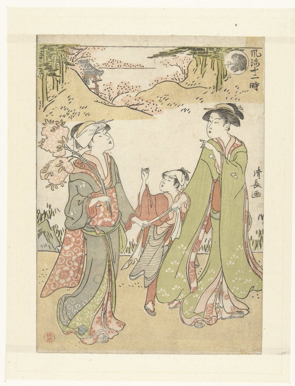 Godzina Małpy Eleganckie przedstawienia dwunastu godzin (tytuł serii) Furyu junitoki (tytuł serii na obiekcie) autorstwa Torii Kiyonaga