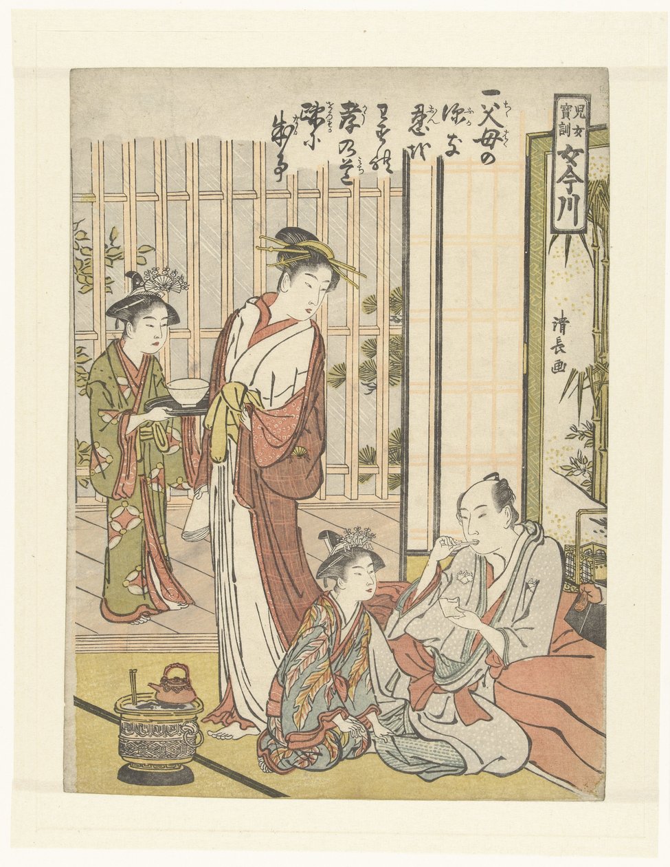 Szósta wskazówka Onna imagawa, drogocenne wskazówki dla młodych dziewcząt (tytuł serii) Jijo hokun, Onna imagawa (tytuł serii) autorstwa Torii Kiyonaga