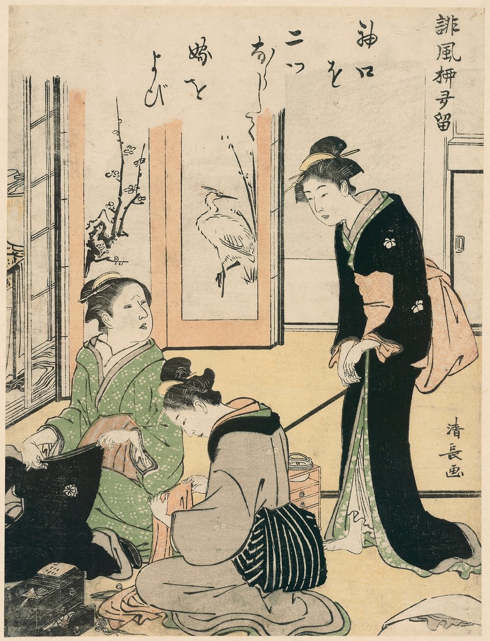 Teściowa dokucza pannie młodej z cyklu Zbiór wierszy humorystycznych, ok. 1785 (kolorowy drzeworyt; chuban) autorstwa Torii Kiyonaga