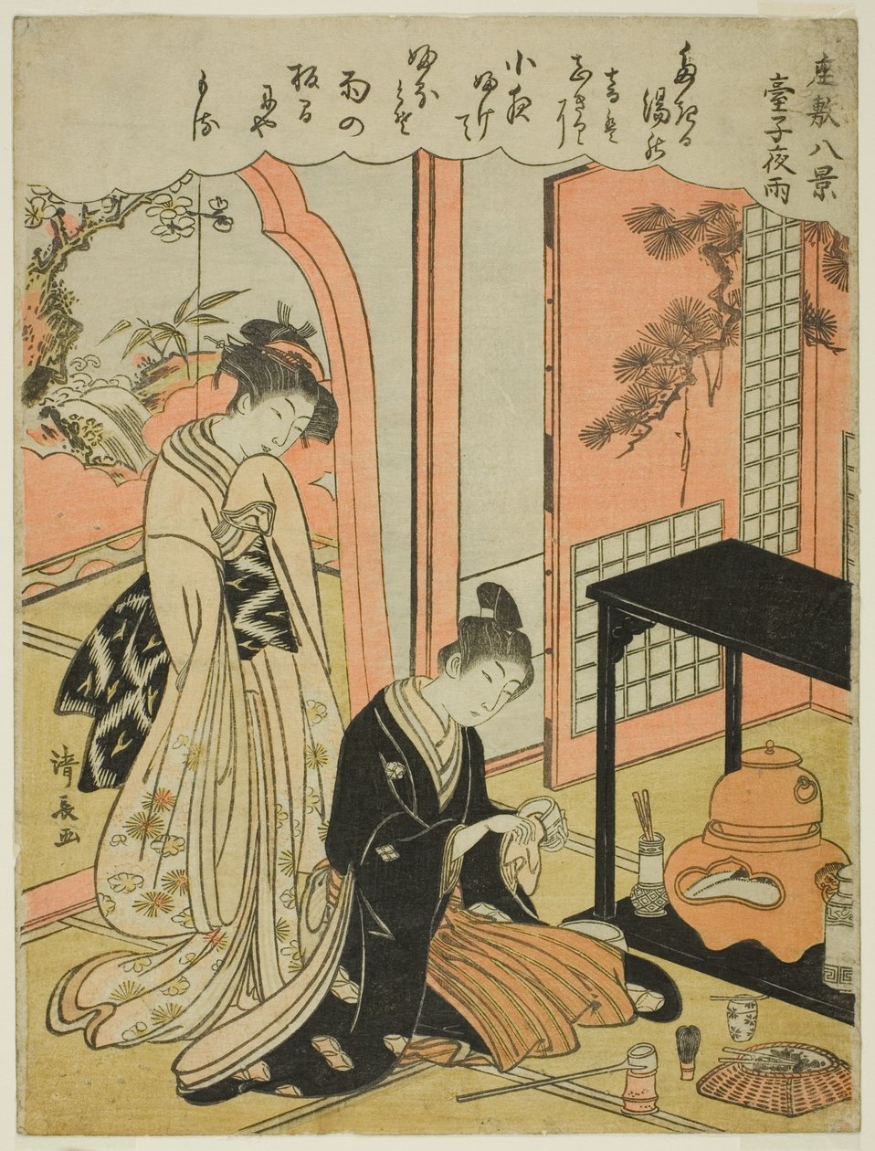 Nocny deszcz stoiska z herbatą, z cyklu „Osiem scen salonu (Zashiki hakkei)” autorstwa Torii Kiyonaga