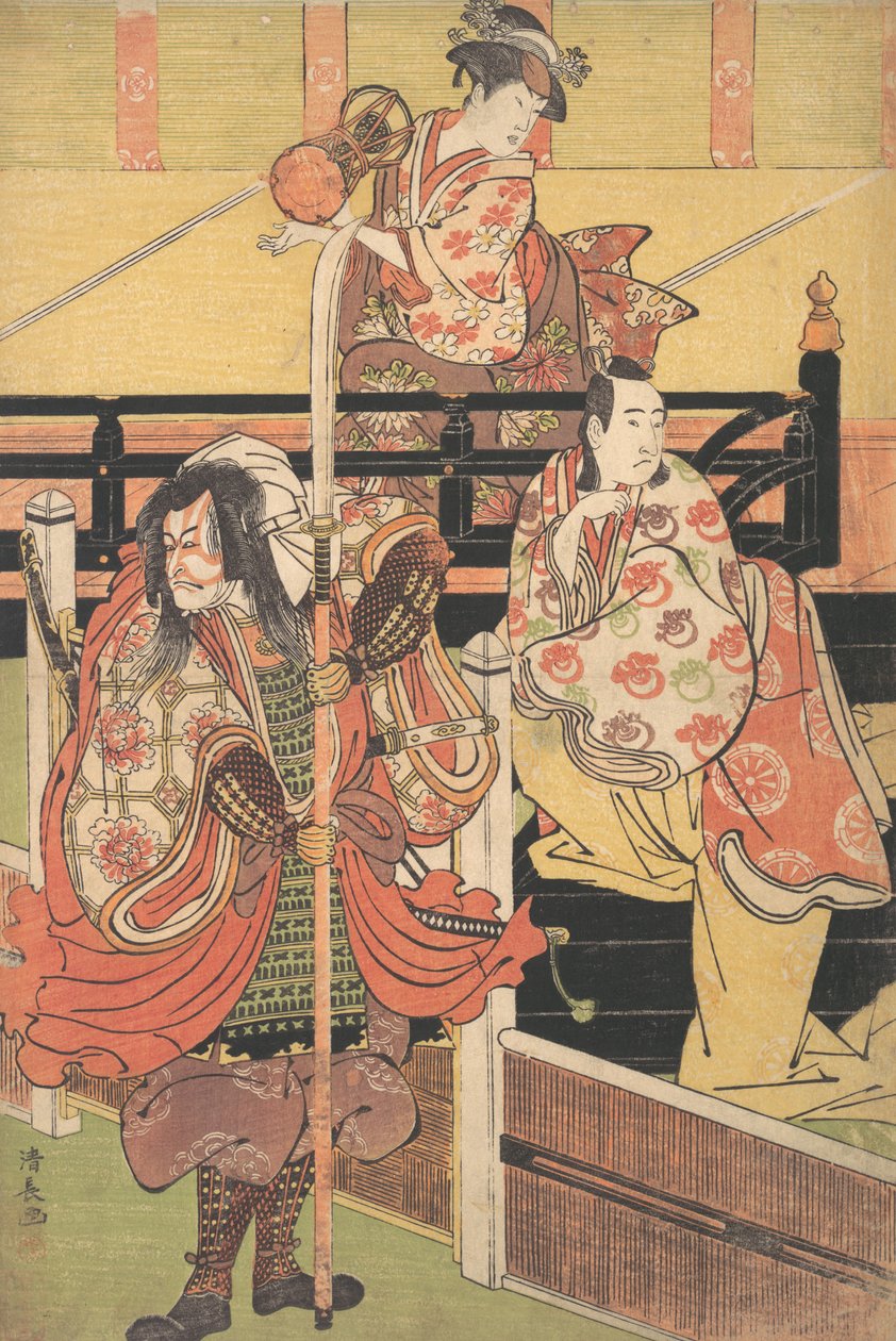 Na balkonie siedzi kobieta grająca tsuzumi, poniżej mężczyzna w kostiumie Daimyo to morze..., ok. godz. 1790. autorstwa Torii Kiyonaga