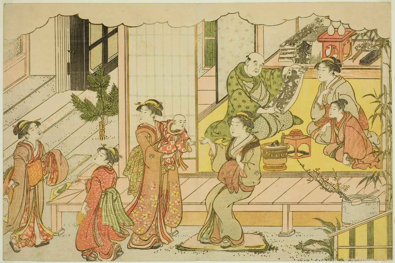 Otwarcie magazynu (Kurabiraki), z ilustrowanej książki „Kolory potrójnego świtu (Saishiki mitsu no asa)” autorstwa Torii Kiyonaga