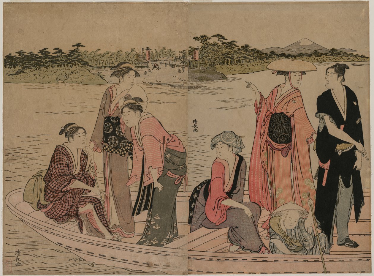 Pasażerowie promu na rzece Sumida autorstwa Torii Kiyonaga