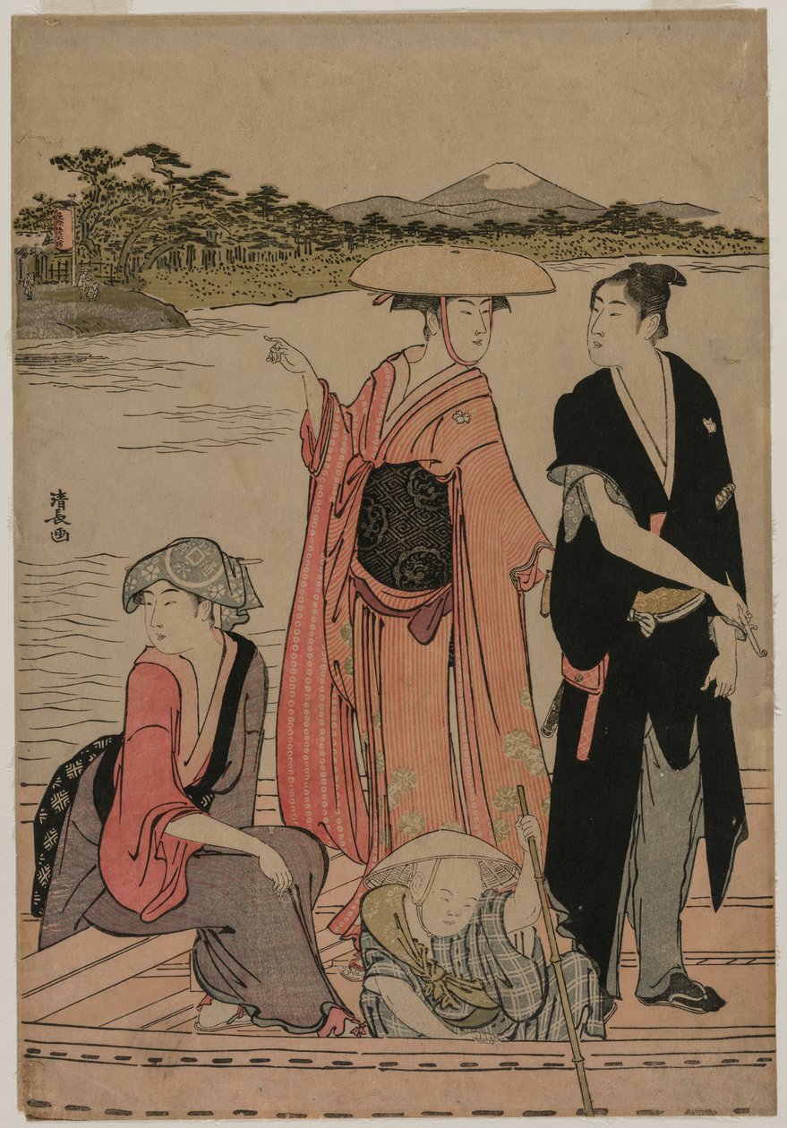 Pasażerowie promu na rzece Sumida autorstwa Torii Kiyonaga
