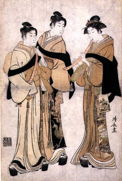 Gra na Shakuhachi, ok.1782 (drewnodruk z tłoczeniem na ślepo) autorstwa Torii Kiyonaga