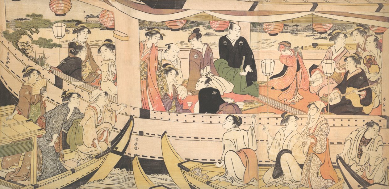 Statek wycieczkowy na rzece Sumida, ca. 1788-90. autorstwa Torii Kiyonaga
