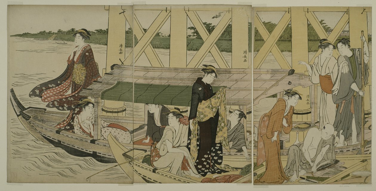 Łodzie wycieczkowe pod mostem Azuma, ok. 1784 r autorstwa Torii Kiyonaga