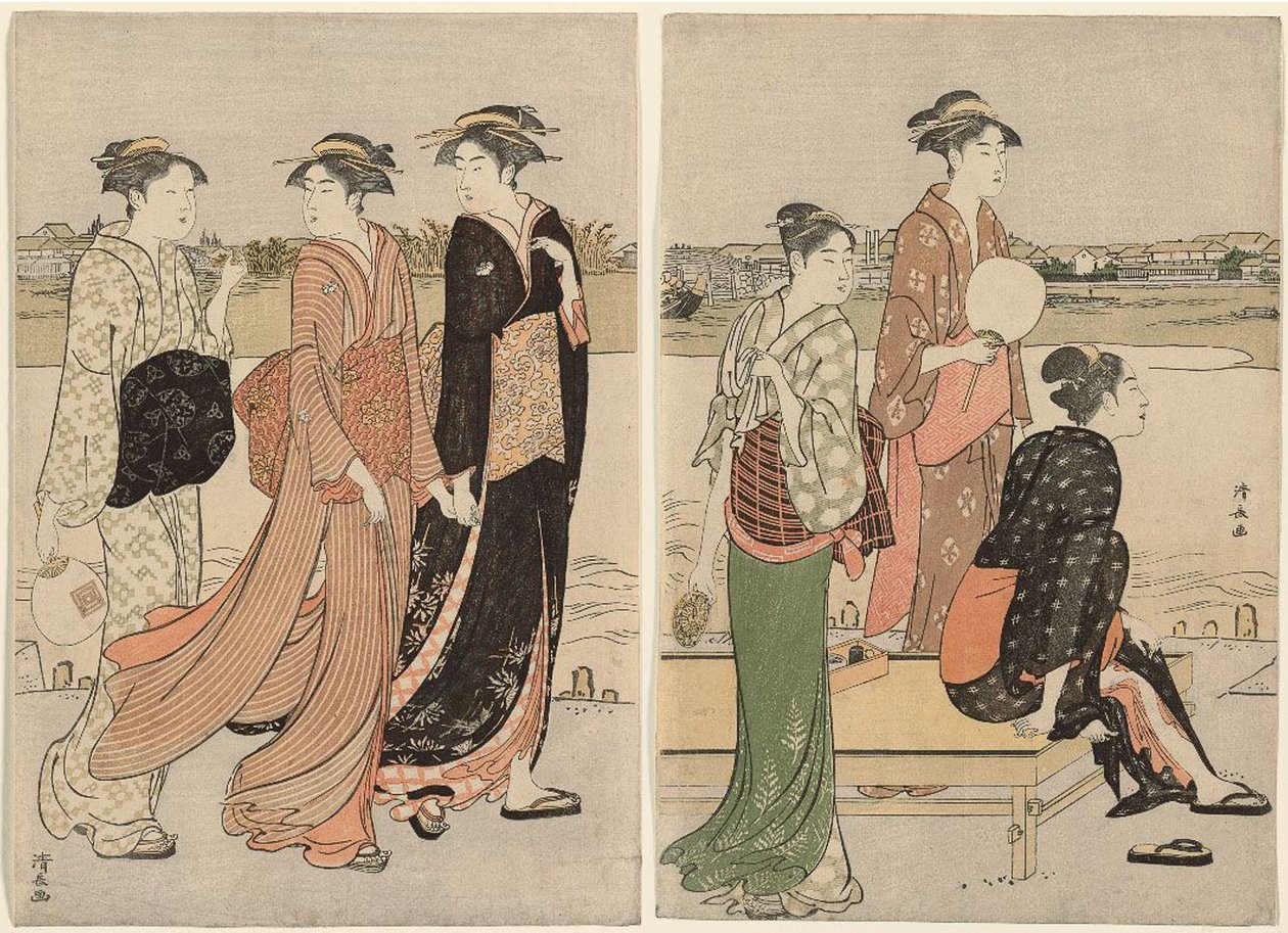 Letni zmierzch nad brzegiem rzeki Sumida autorstwa Torii Kiyonaga