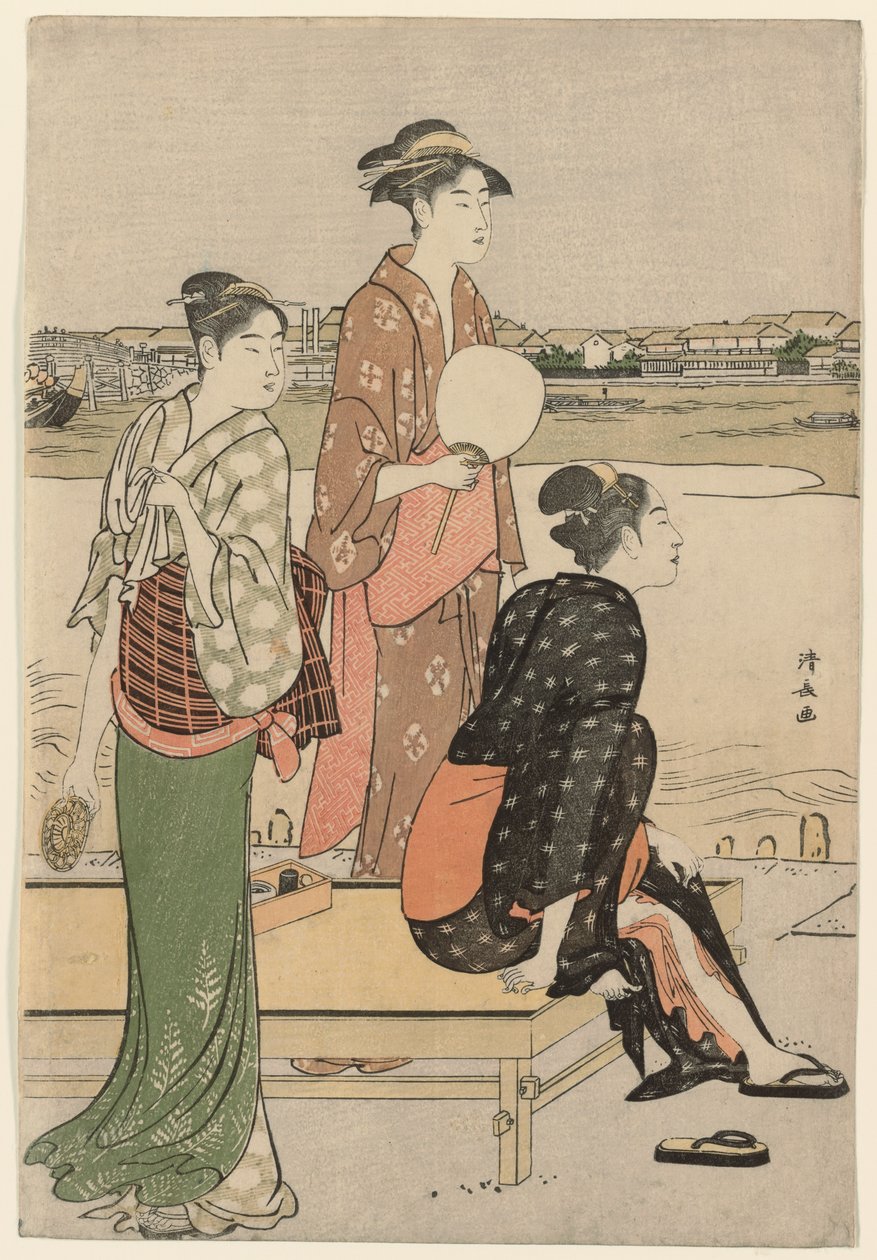 Letni zmierzch nad brzegiem rzeki Sumida autorstwa Torii Kiyonaga