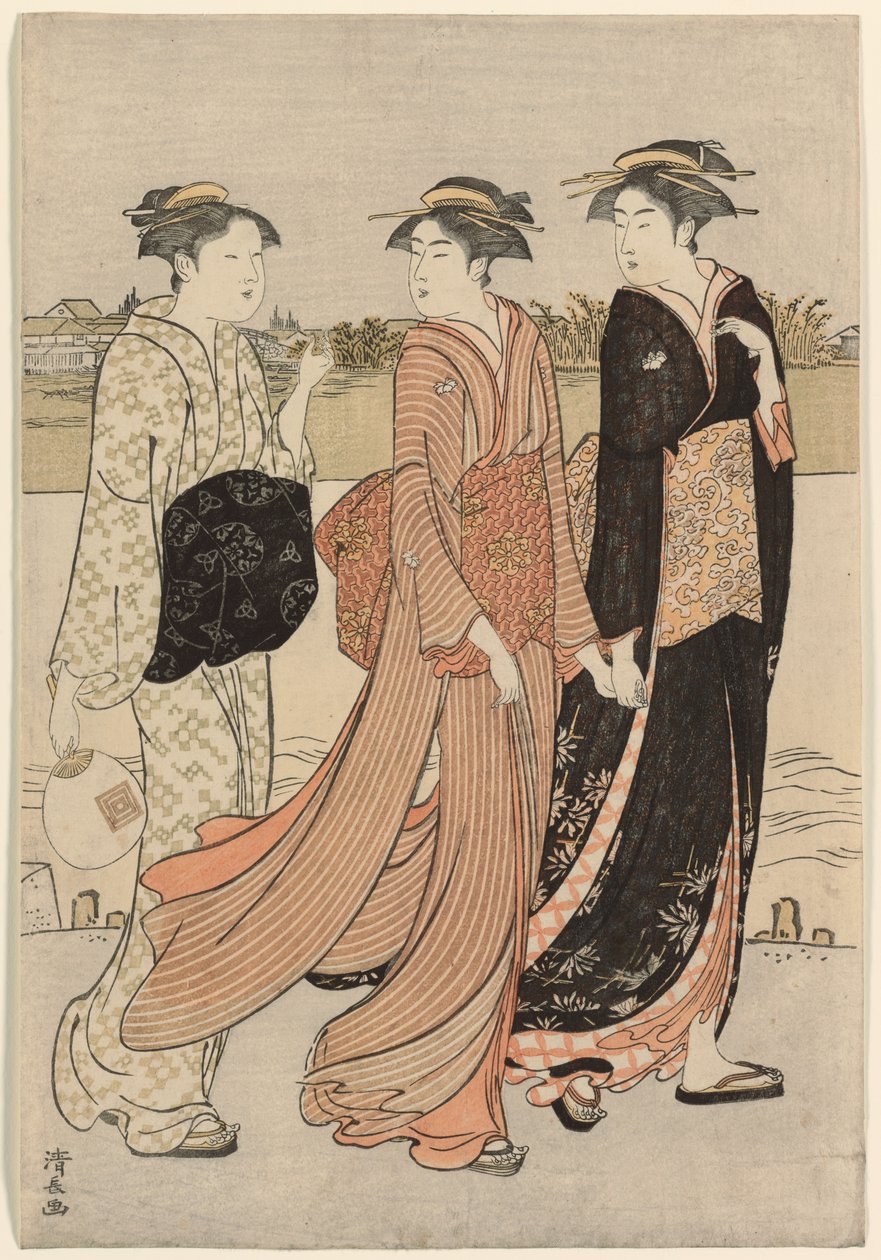 Letni zmierzch nad brzegiem rzeki Sumida autorstwa Torii Kiyonaga