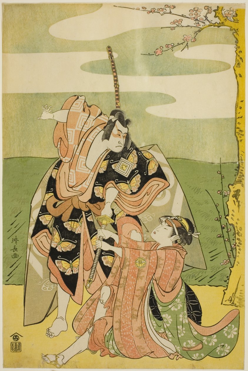 Aktor Ichikawa Monnosuke II jako Soga no Goro i Segawa Kikunojo III jako Tsukisayo w sztuce „Nanakusa Yosooi Soga” wystawionej w Teatrze Nakamura w pierwszym miesiącu 1782 autorstwa Torii Kiyonaga