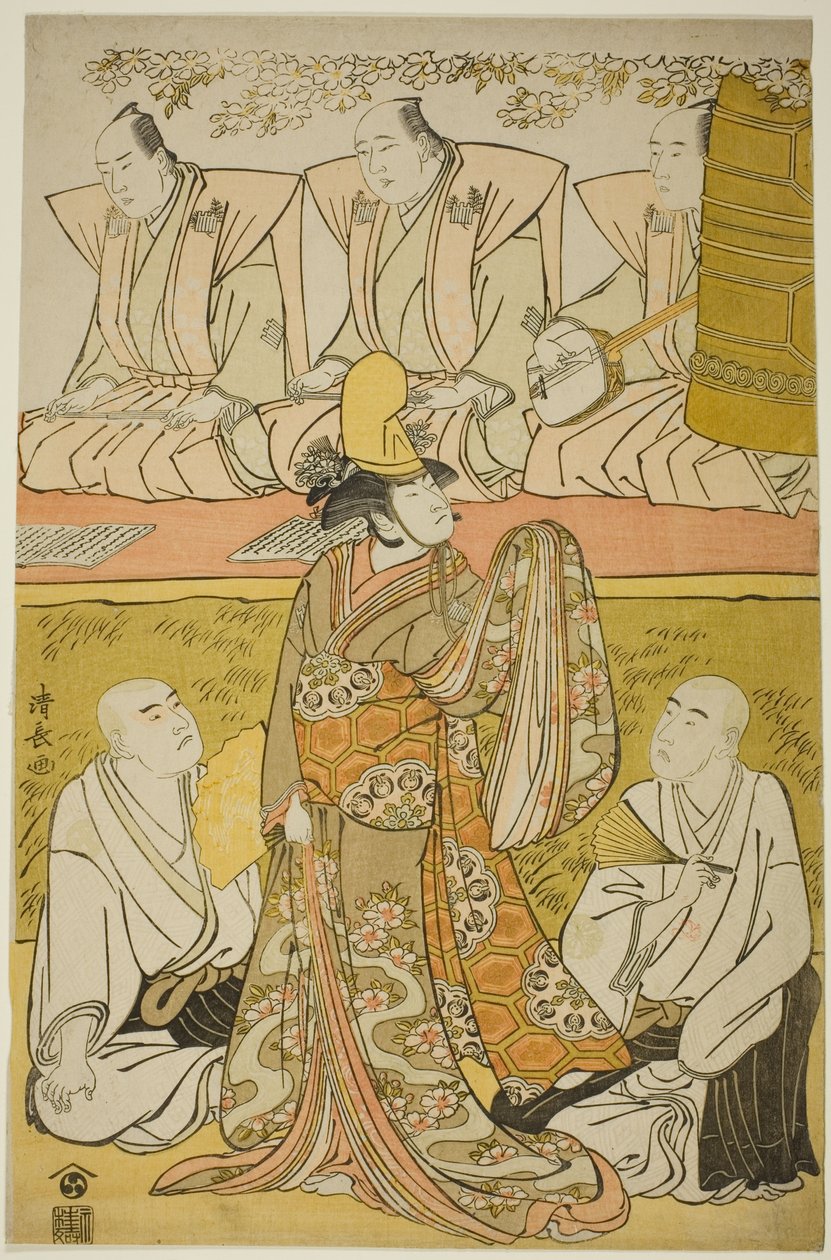 Aktor Nakamura Nakazo I jako Shirabyoshi Katsuragi, Matsumoto Koshiro IV jako mnich Meigetsubo i Otani Hiroji III jako mnich Izayoibo w sztuce „Edoganoko Musume Dojoji” wystawionej w Teatrze Ichimura w ósmym miesiącu 1783 autorstwa Torii Kiyonaga