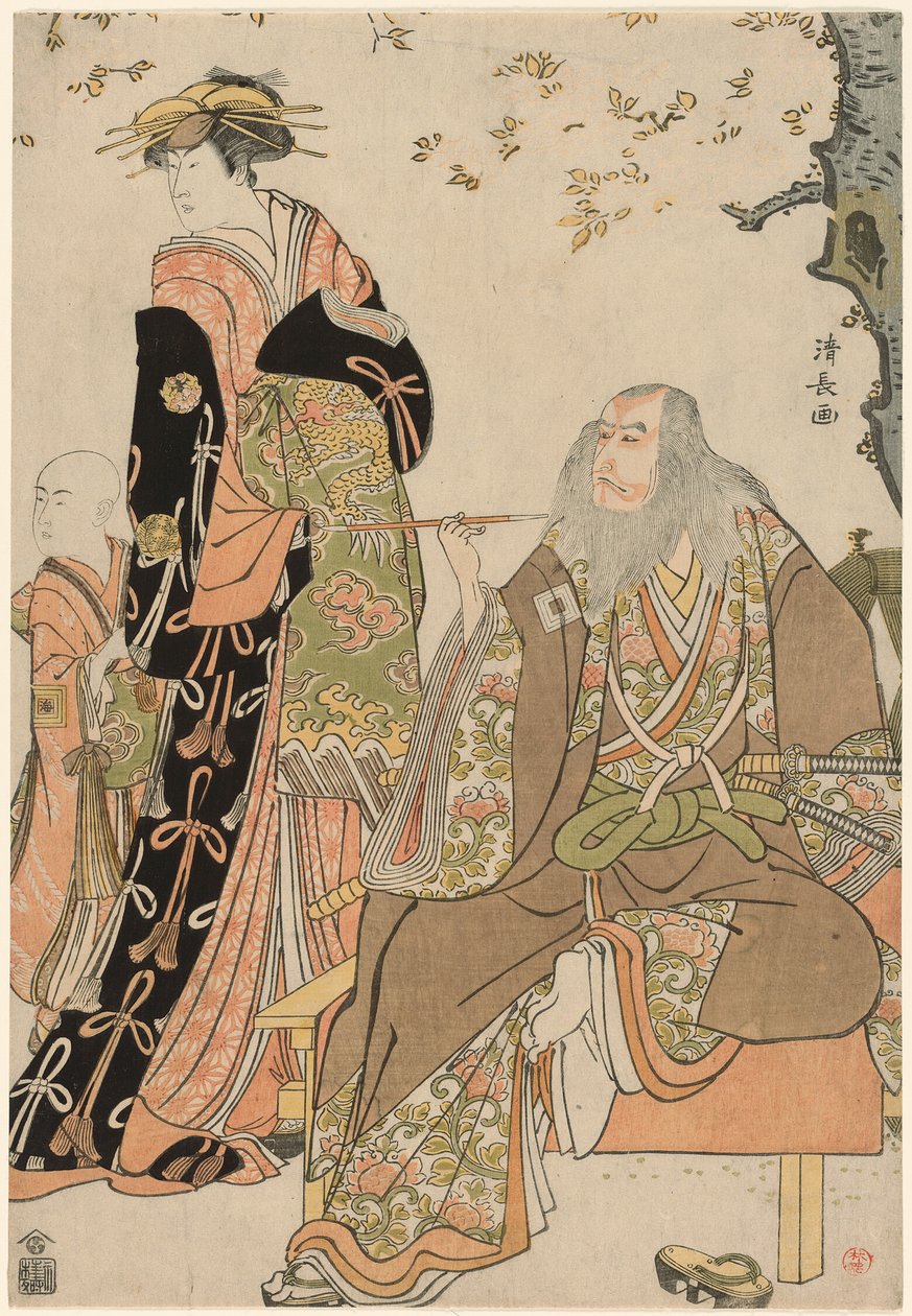 Aktorzy Ichikawa Danjuro V jako Hige no Ikyu, Nakamura Riko jako Agemaki i Ichikawa Ebizo jako pomocnik Agemakiego w sztuce "Sukeroku Yukari no Edozakura" w teatrze Nakamura w trzecim miesiącu 1784 r. autorstwa Torii Kiyonaga