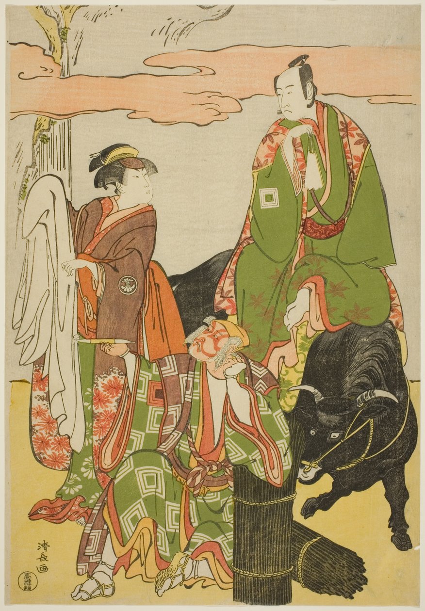 Aktorzy Ichikawa Monnosuke II jako Miyukinosuke, Segawa Kikunojo III jako Hatsune-hime i Ichikawa Danjuro V jako Ninnaji no Saibei, w joruri „Shitenno Oe no Yamairi”, wykonanym w Kiri Theatre w jedenastym miesiącu 1785 autorstwa Torii Kiyonaga