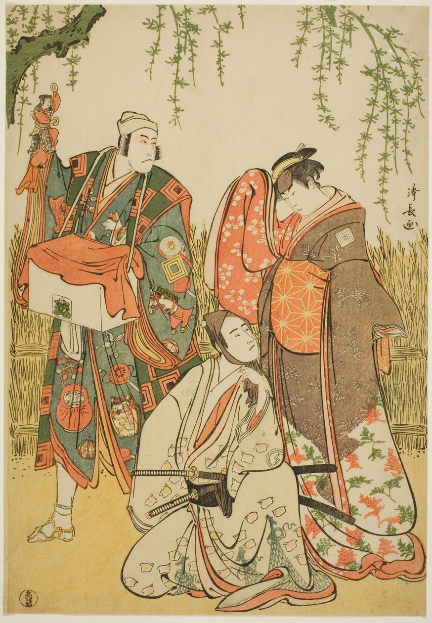 Aktorzy Ichikawa Yaozo III jako Shiragiku, Ichikawa Danjuro V jako lalkarz Dekurokubei i Sawamura Sojuro III jako Soga no Juro, w joruri „Shinobukoi Yanagi no Katsura Otoko”, wykonanym w Teatrze Nakamura w pierwszym miesiącu 1785 autorstwa Torii Kiyonaga