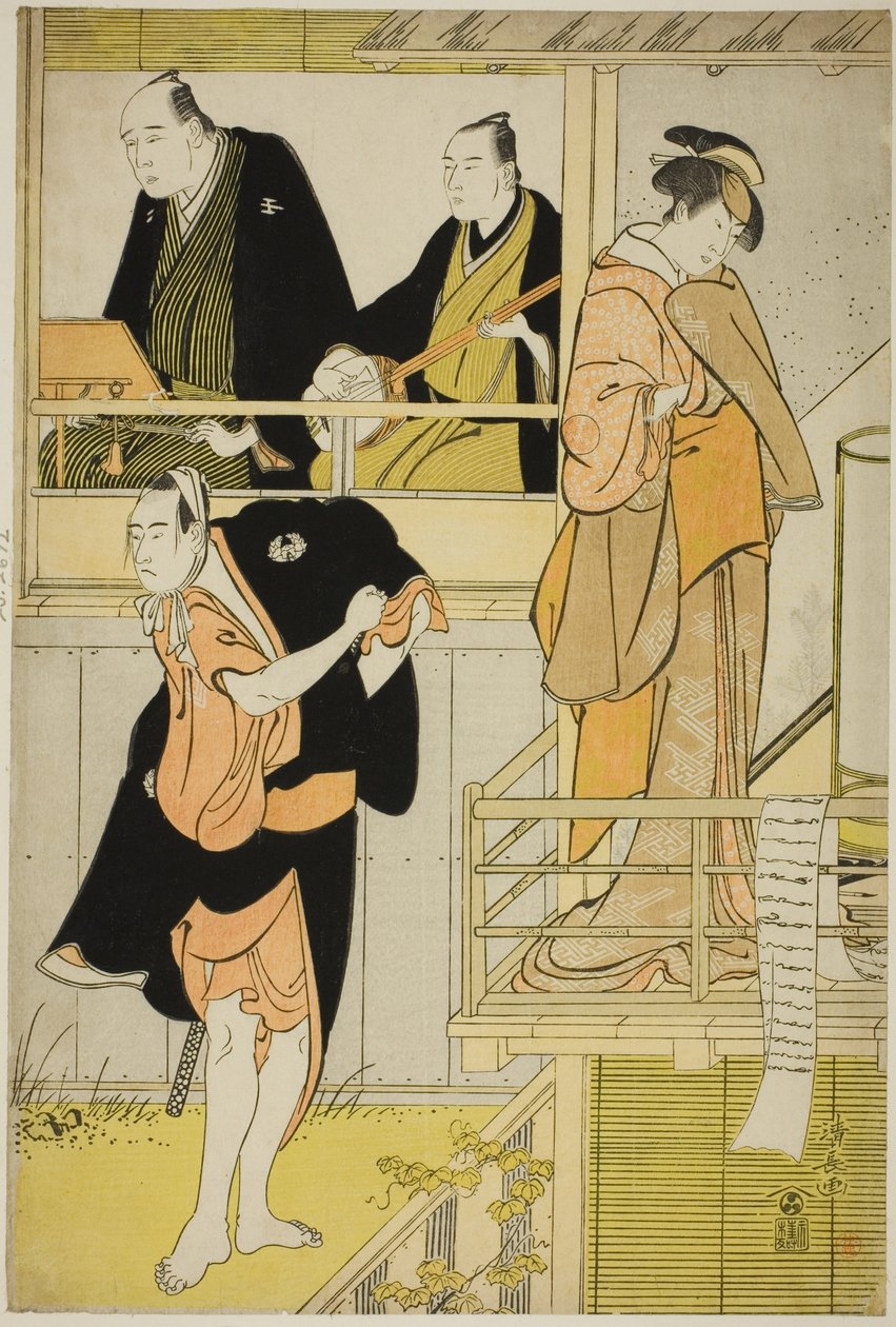Aktorzy Nakamura Riko I jako Tanbaya Otsuma i Ichikawa Yaozo III jako Furuteya Hachirobei w joruri „Sakamachi Yoi no Yotsutsuji” wystąpili w Teatrze Nakamura w trzecim miesiącu 1785 r. autorstwa Torii Kiyonaga