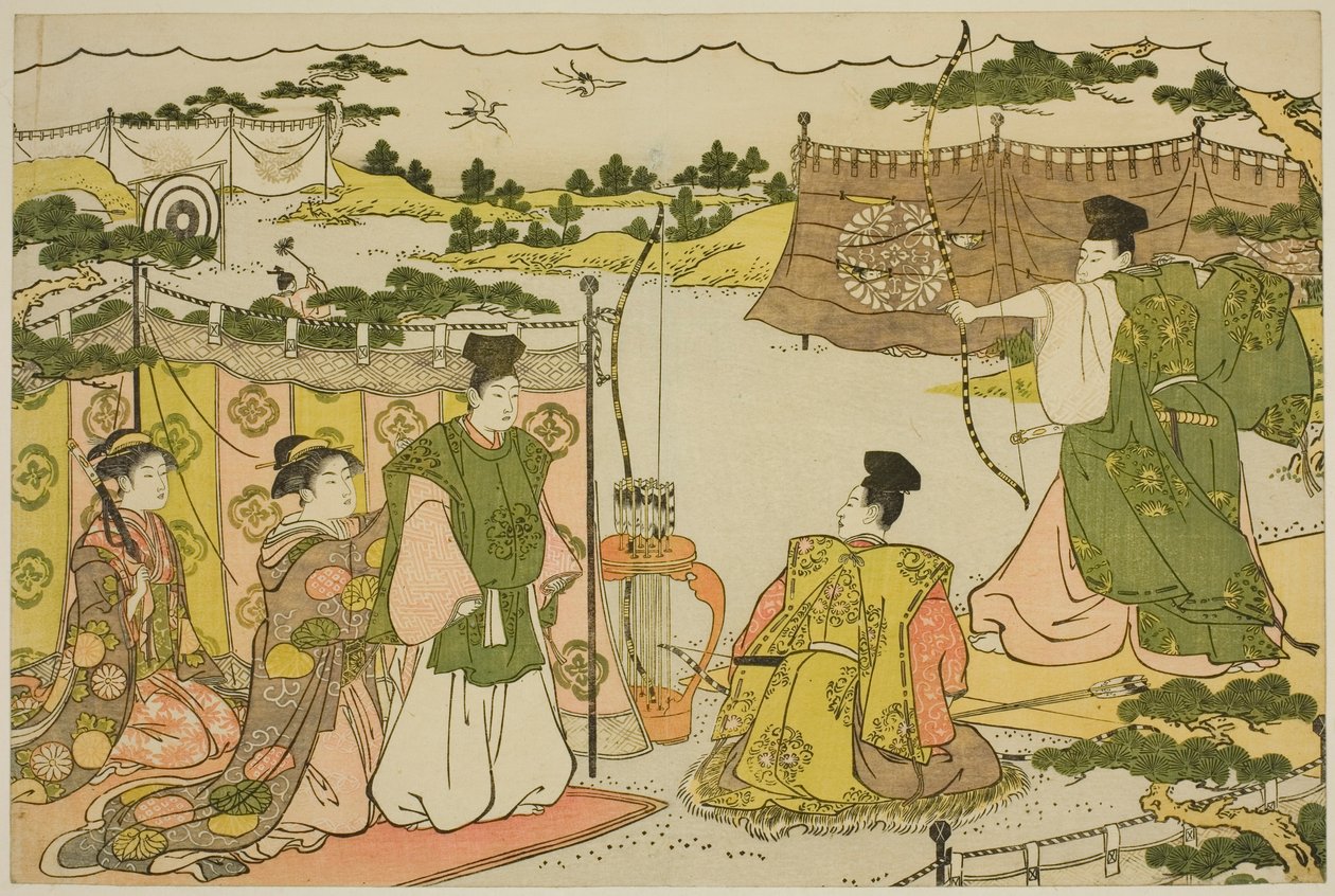 Pierwsza noworoczna praktyka łucznicza (Yumi hajime), z ilustrowanej książki „Kolory potrójnego świtu (Saishiki mitsu no asa)” autorstwa Torii Kiyonaga