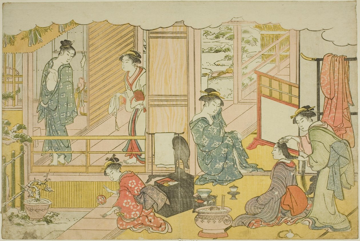 Pierwsza kąpiel sylwestrowa (Yudono hajime), z ilustrowanej książki „Kolory potrójnego świtu (Saishiki mitsu no asa)” autorstwa Torii Kiyonaga