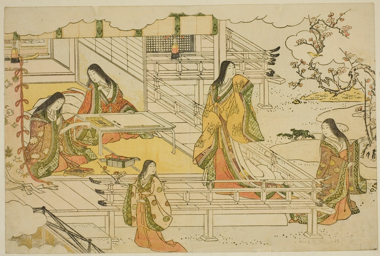 Pierwsza Kaligrafia Nowego Roku (Kissho hajime), z ilustrowanej książki „Kolory potrójnego świtu (Saishiki mitsu no asa)” autorstwa Torii Kiyonaga