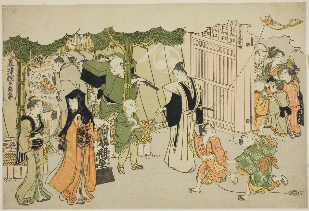 Pierwszy dzień biznesu (Akinai hajime), z ilustrowanej książki „Kolory potrójnego świtu (Saishiki mitsu no asa)” autorstwa Torii Kiyonaga