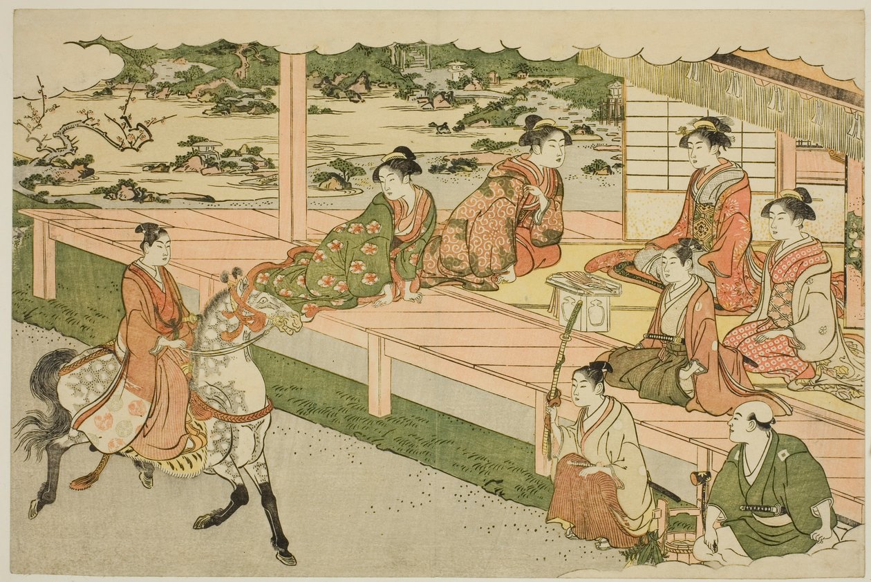 Pierwsza przejażdżka konna Nowego Roku (Uma norizome), z ilustrowanej książki „Kolory potrójnego świtu (Saishiki mitsu no asa)” autorstwa Torii Kiyonaga