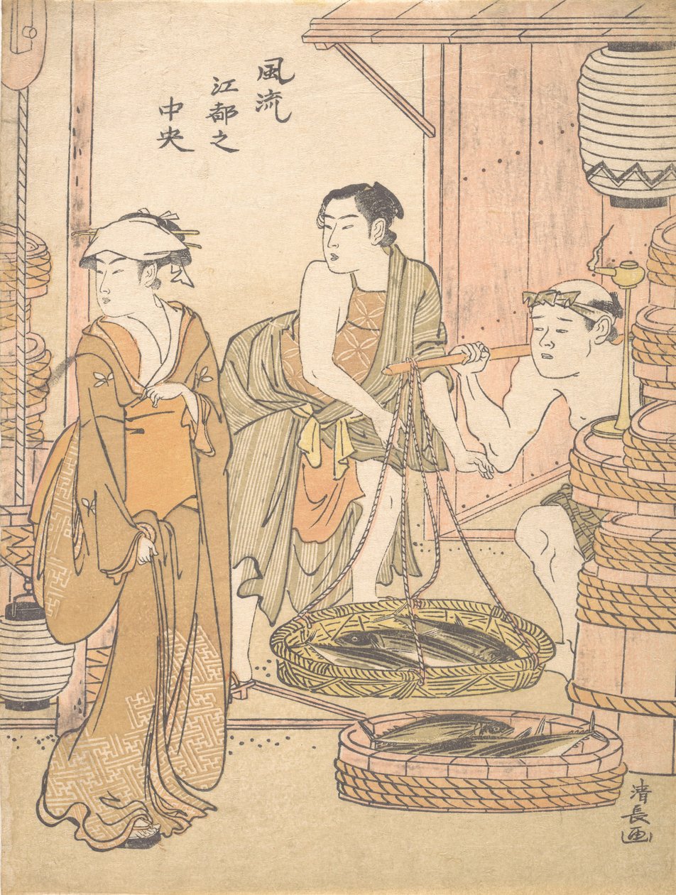 Sprzedawca ryb. autorstwa Torii Kiyonaga