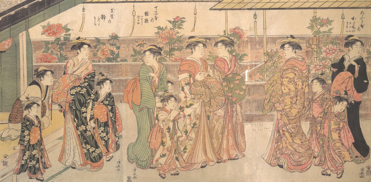 Pokaz piwonii, ca. 1790. autorstwa Torii Kiyonaga