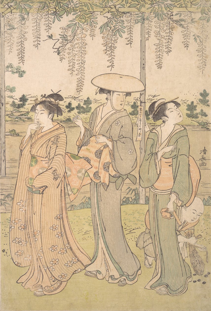 Trzy kobiety i mały chłopiec pod altanką z glicynii nad brzegiem potoku, ca. 1790. autorstwa Torii Kiyonaga