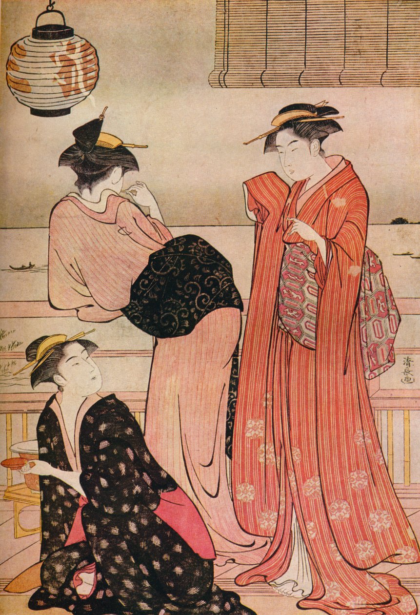 Trzy dziewczyny na werandzie herbaciarni z widokiem na zatokę Edo w Shinagawa, c1752-1815 autorstwa Torii Kiyonaga