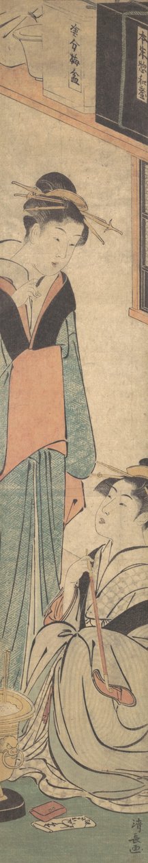 Dwie dziewczyny rozmawiające przy palenisku Hibachi, ca. 1785. autorstwa Torii Kiyonaga