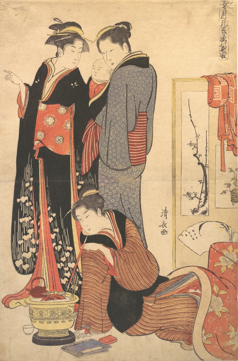 Dwie kobiety stojące trzymające dziecko, ca. 1785. autorstwa Torii Kiyonaga