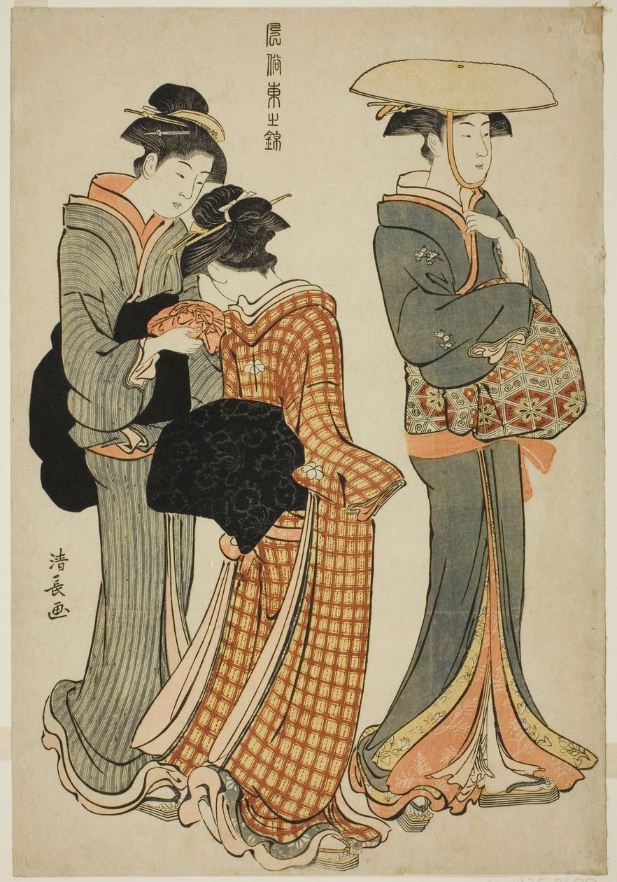 Dwie kobiety i pokojówka, z serii „Brokat wschodnich manier (Fuzoku Azuma no nishiki)” autorstwa Torii Kiyonaga