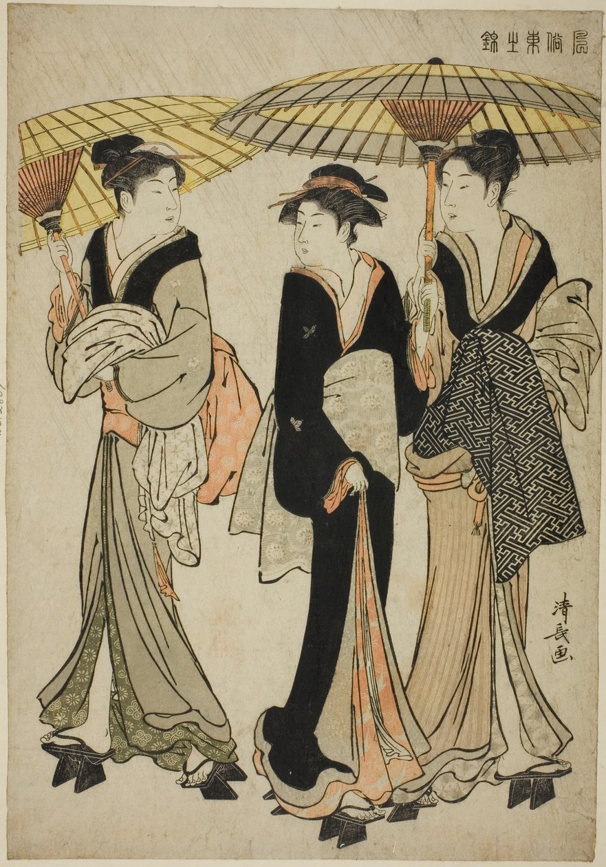Pod parasolami pod prysznicem, z serii „Brokat wschodnich manier (Fuzoku Azuma no nishiki)” autorstwa Torii Kiyonaga