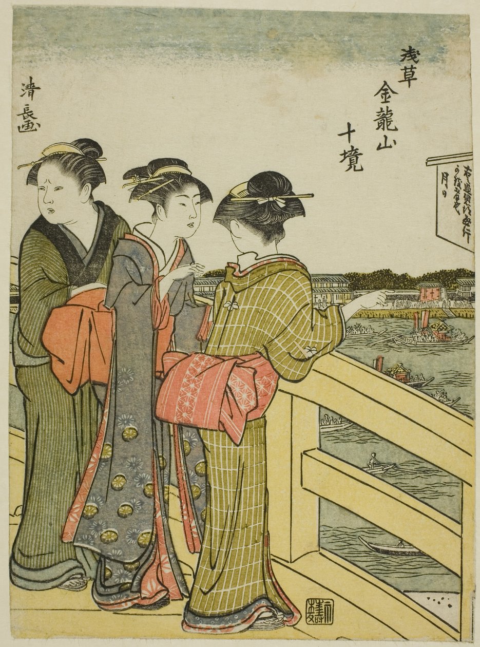 Widok z mostu Azuma z cyklu „Dziesięć dzielnic świątyni Kinryuzan w Asakusa (Asakusa Kinruzan jikkei)” autorstwa Torii Kiyonaga
