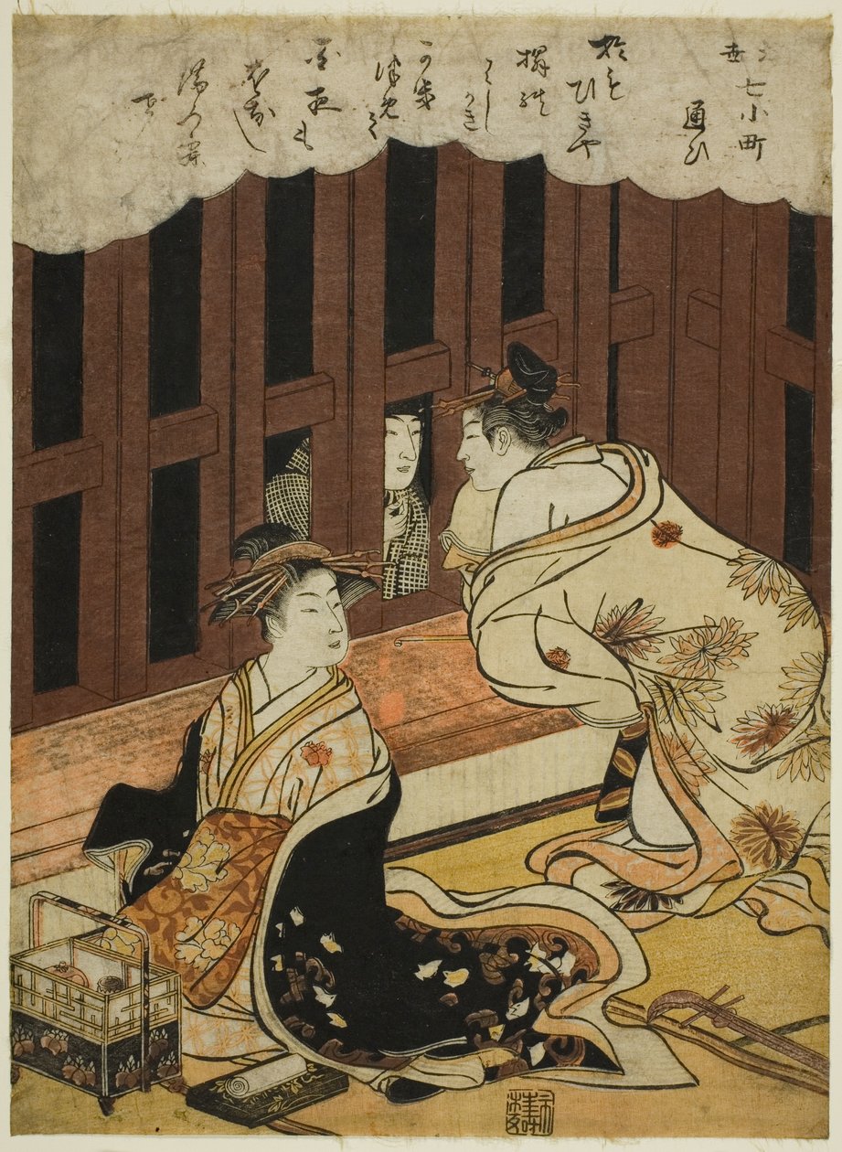 Zwiedzanie (Kayoi), z serii „Wersje pływającego świata siedmiu Komachi (Ukiyo Nana Komachi)” autorstwa Torii Kiyonaga