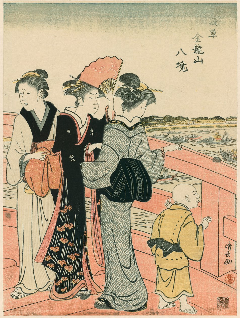 Oglądanie Festiwalu Wody z mostu Azuma z cyklu „Osiem dzielnic świątyni Kinryuzan w Asakusa (Asakusa Kinruzan hakkei)” autorstwa Torii Kiyonaga