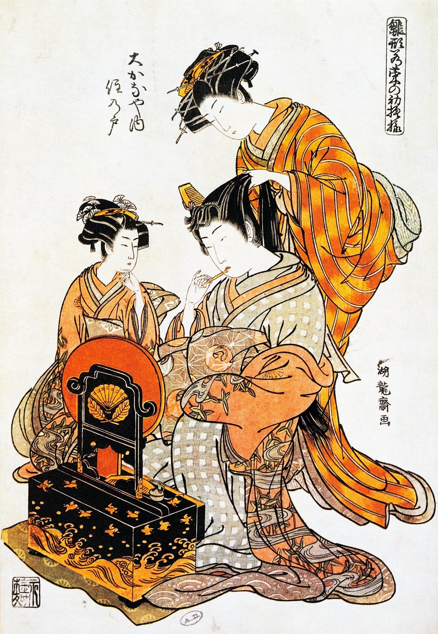 Kobieta przed lustrem podczas czesania włosów, grafika ukiyo-e autorstwa Torii Kiyonaga (1751-1815), drzeworyt, cywilizacja japońska, okres Edo autorstwa Torii Kiyonaga