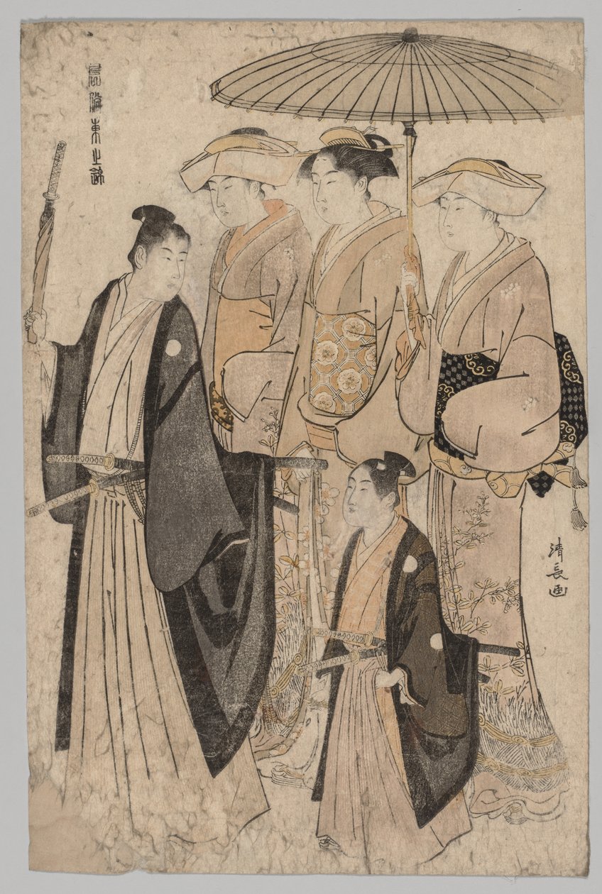 Kobieta Yoshiwary i Attendants (z cyklu Brocades of the East in Fashion) autorstwa Torii Kiyonaga