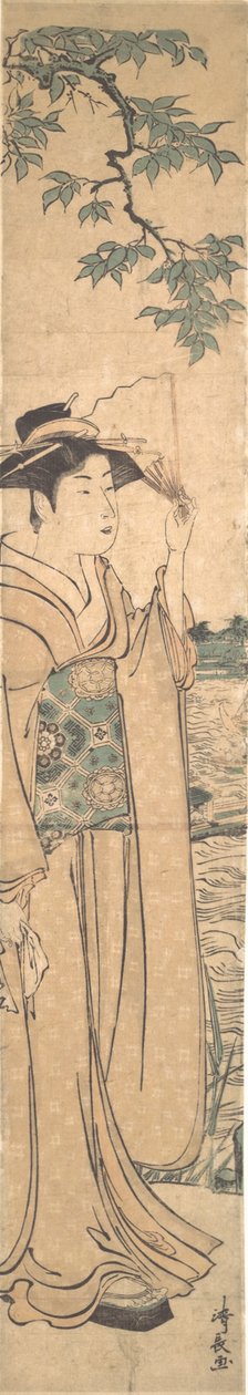 Kobieta z wentylatorem nad brzegiem rzeki Sumida. autorstwa Torii Kiyonaga