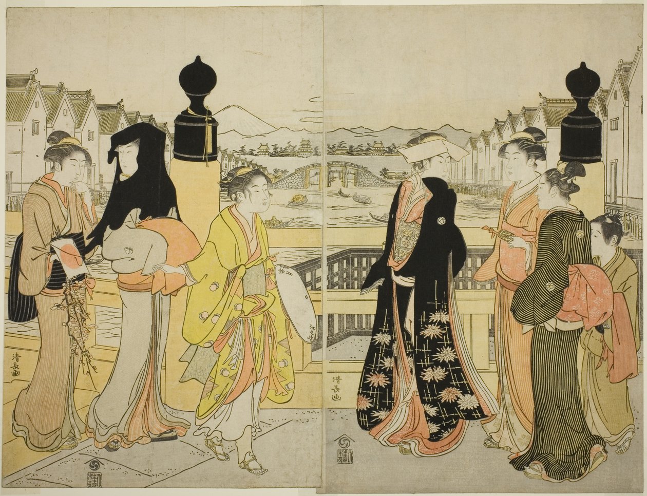Kobiety przekraczające most Nihonbashi autorstwa Torii Kiyonaga