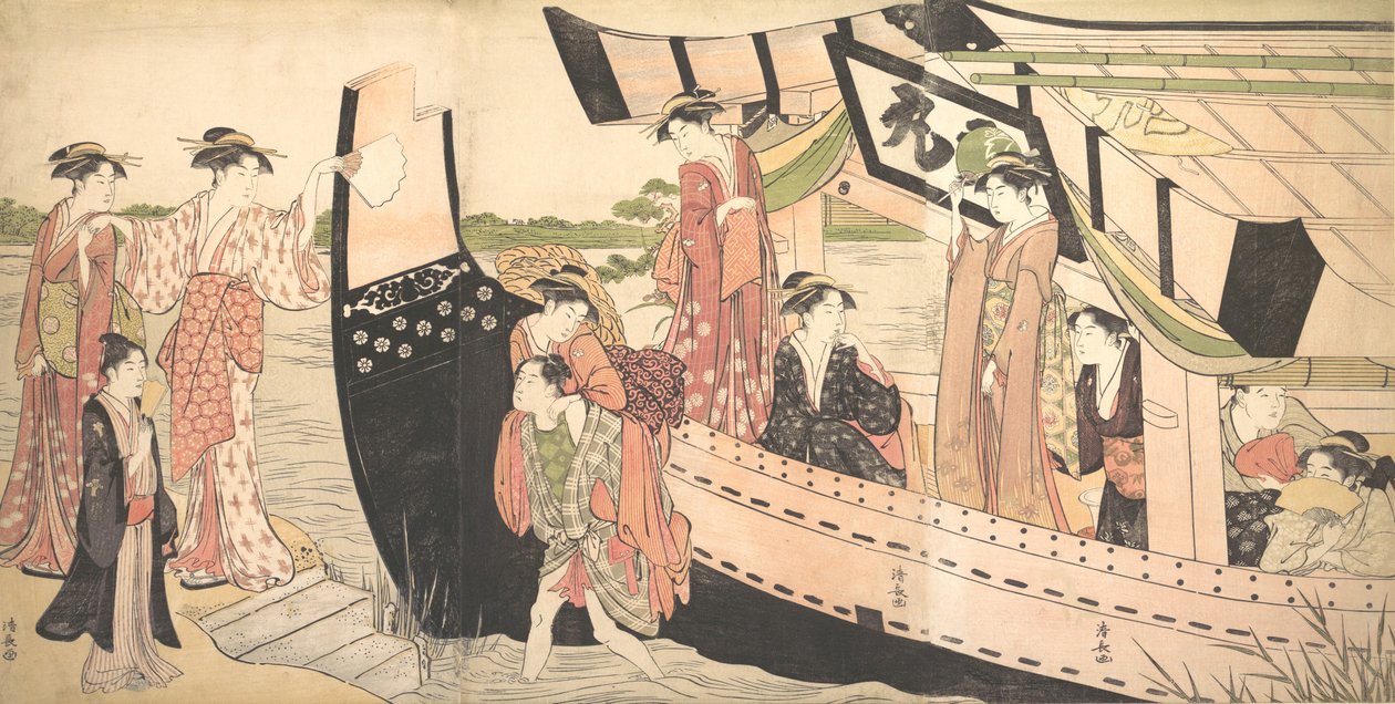 Kobiety lądujące z łodzi wycieczkowej ciągniętej na brzeg w Mukojima na rzece Sumida, ..., ca. 1785. autorstwa Torii Kiyonaga