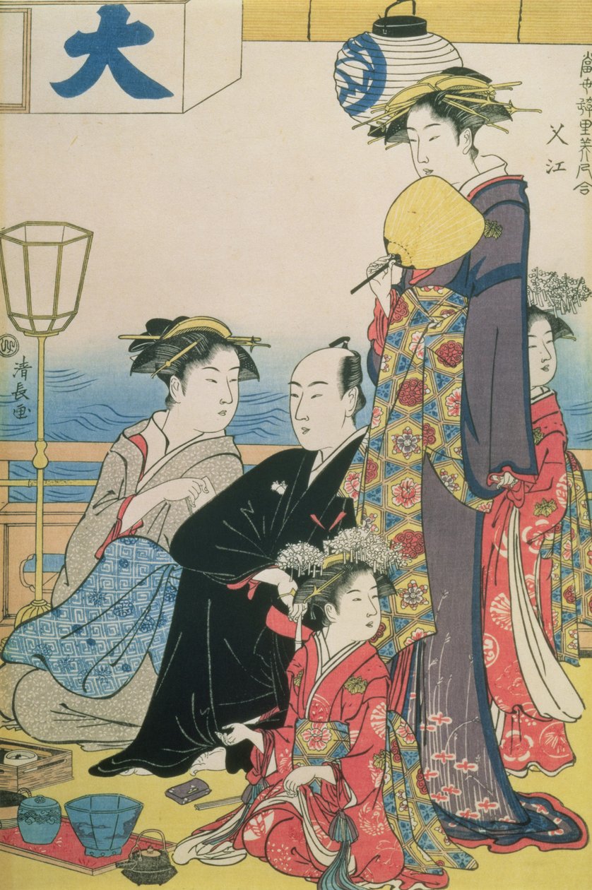 Women of the Gay Quarters, prawy panel dyptyku (kolorowy drzeworyt) (patrz również 114571) autorstwa Torii Kiyonaga