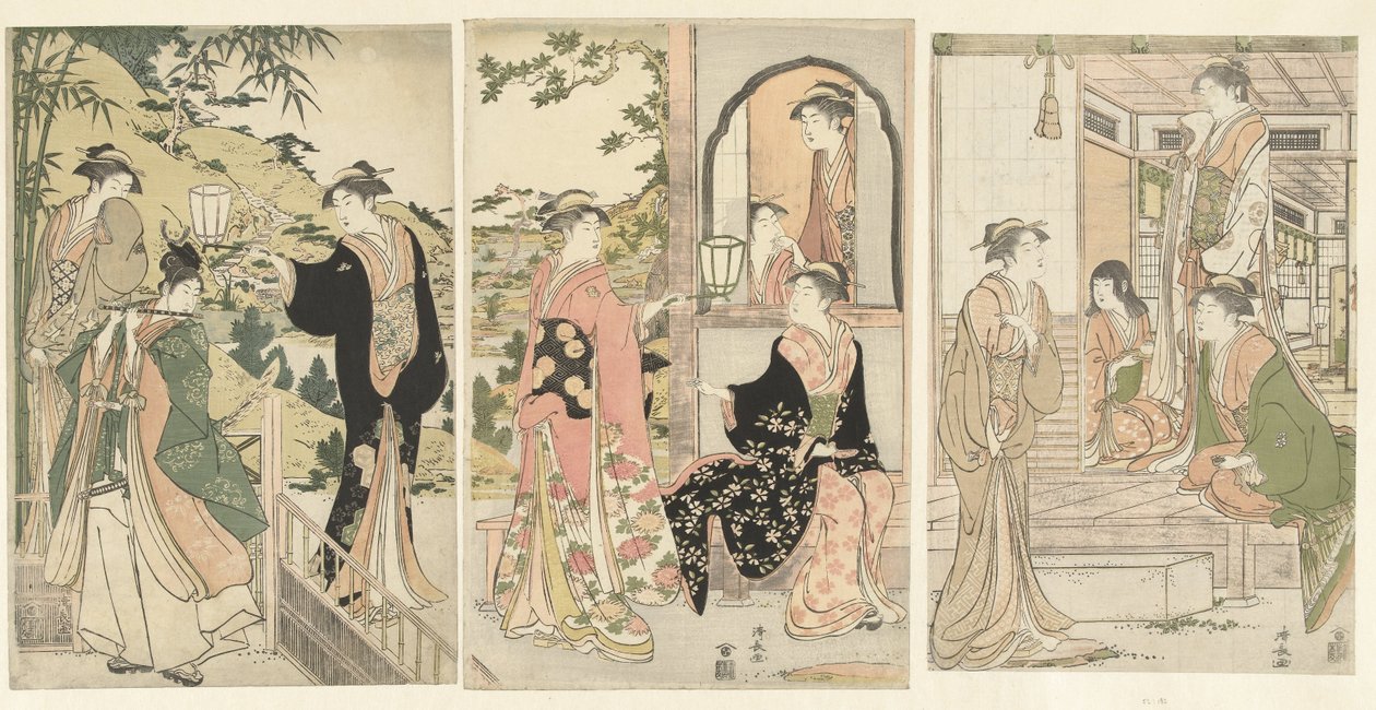 Yoshitsune śpiewający serenady Joruri hime autorstwa Torii Kiyonaga