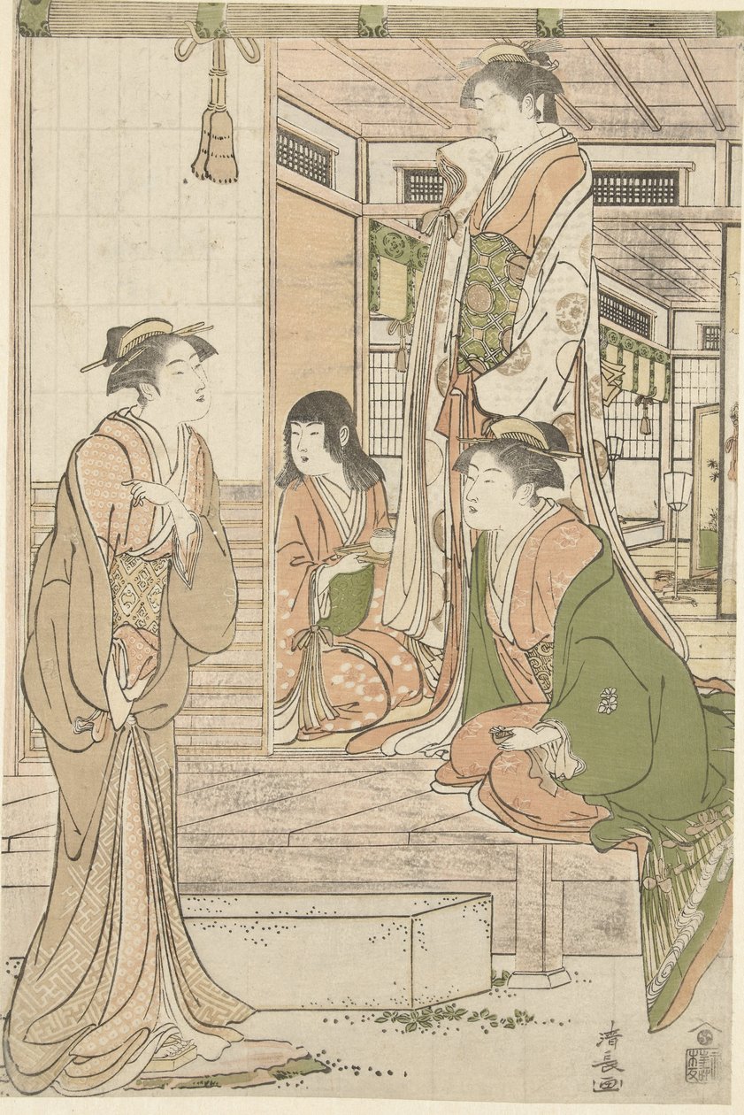 Yoshitsune śpiewający serenady Joruri hime. autorstwa Torii Kiyonaga