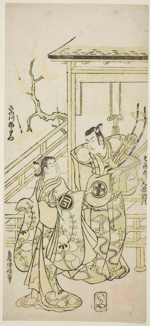 Aktorzy Otani Oniji I jako Soga no Goro i Sanogawa Ichimatsu I jako siostra Yoshinaki w sztuce „Fuji no Yuki Mitsugi Soga”, wystawionej w Teatrze Nakamura w pierwszym miesiącu 1746 autorstwa Torii Kiyonobu II
