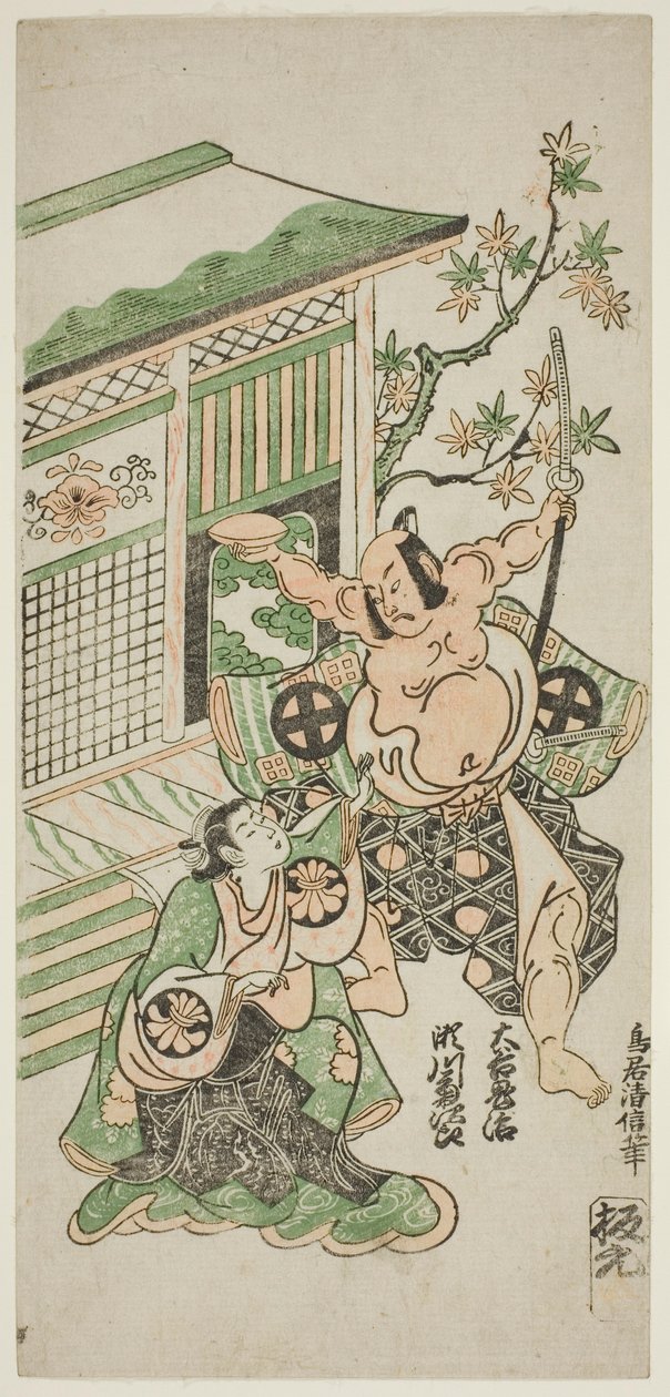 Aktorzy Segawa Kikujiro I jako żona Nobutsury Karumo i Otani Oniji I jako Tahara Matataro w sztuce "Shusse Momijigari" wystawionej w teatrze Ichimura w jedenastym miesiącu 1747 roku. autorstwa Torii Kiyonobu II