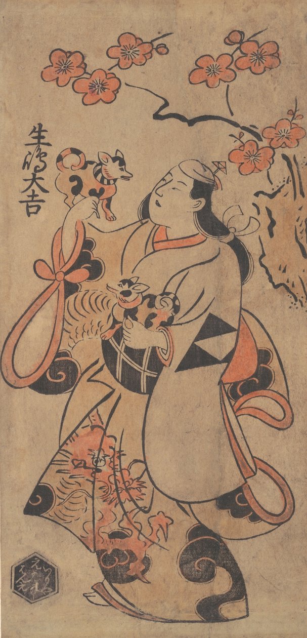 Aktor Ikushima Daikichi jako kobieta stojąca pod drzewem Ume, ca. 1705. autorstwa Torii Kiyonobu I