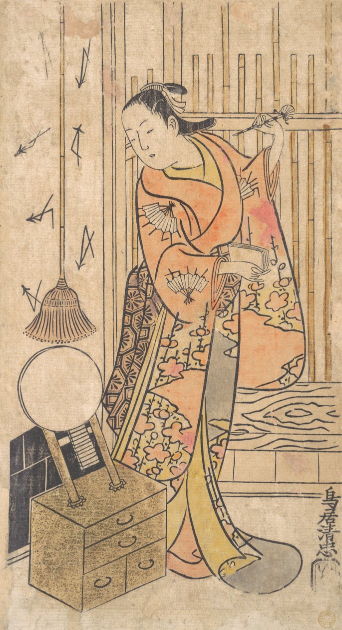 Aktor jako kobieta stojąca przy lustrze, ca. 1735. autorstwa Torii Kiyotada
