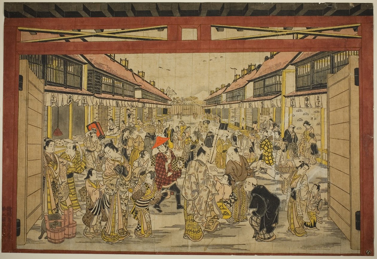 Brama główna, Nowa Yoshiwara, ok. 1745 (ręcznie kolorowany drzeworyt; toku-oban yoko-e, beni-e) autorstwa Torii Kiyotada